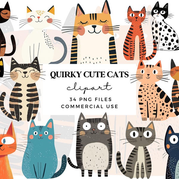 Quirky Cats Clipart PNG - Cute Cartoon Cats Clipart - Funny Kitten Clipart - Cat Lover Graphics - Commercial Use - Cat Sublimation Designs