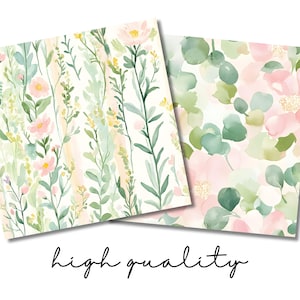 May include: Two digital paper patterns featuring watercolor floral designs. The first pattern has a light pink and green floral design with a white background. The second pattern has a light pink and green floral design with a white background and a more abstract look.