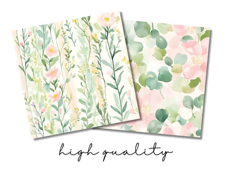 May include: Two digital paper patterns featuring watercolor floral designs. The first pattern has a light pink and green floral design with a white background. The second pattern has a light pink and green floral design with a white background and a more abstract look.
