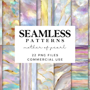 Pode incluir: Uma coleção de padrões contínuos com um design de madrepérola. Os padrões apresentam uma variedade de cores, incluindo ouro, branco, rosa e azul. A imagem inclui o texto "SEAMLESS PATTERNS mother of pearl 22 PNG FILES COMMERCIAL USE."