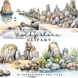 Clipart voyage - Clipart plage rocheuse - Clip Art aventure côtière - Illustration aquarelle rivage bord de mer - usage Commercial PNG