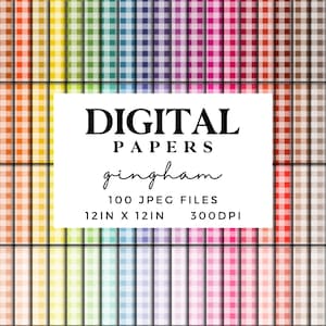 Puede incluir: Una colección de 100 papeles digitales con estampado de cuadros vichy en varios colores. Cada papel mide 30,5 cm por 30,5 cm y 300 DPI.