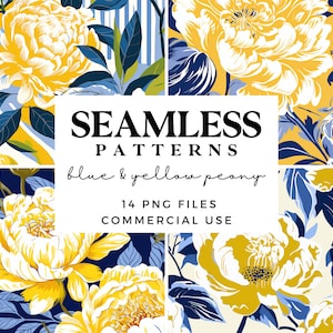 Peony Floral Seamless Pattern Blue and Yellow - Printable Scrapbook Paper - Abstract Peonies Digital Paper Commercial Use Flower Patterns