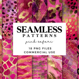 Op de afbeelding: Een verzameling roze en gouden naadloze patronen met dierenprints en abstracte ontwerpen. De afbeelding bevat de tekst "SEAMLESS PATTERNS pink safari 18 PNG FILES COMMERCIAL USE". De patronen zijn in roze, fuchsia en goudtinten.