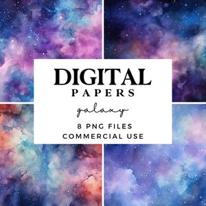 Conjunto de papel digital Galaxy - Texturas de fundo do espaço marinho - Aquarela céu estrelado - Arquivos PNG de 300dpi para sublimação - Uso comercial