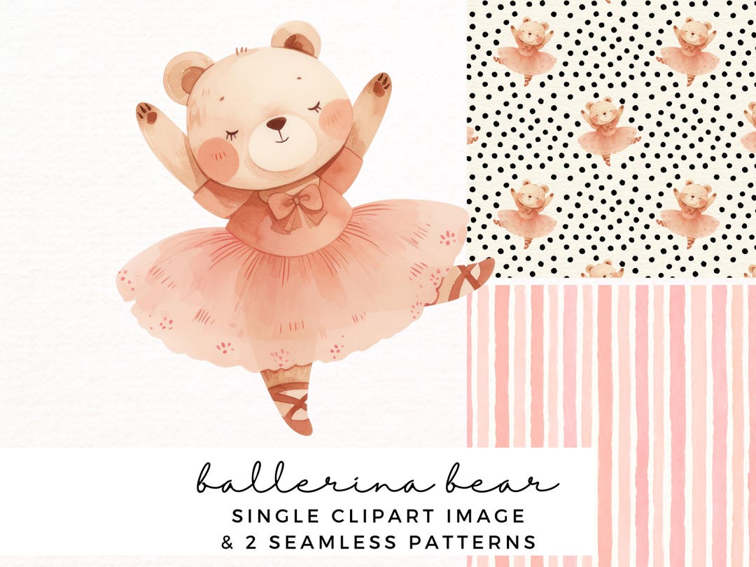 Ballerina Bear Clipart & Seamless Patterns - Cute Ballet Dance Teddy ...