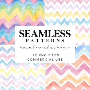 Puede incluir: Un conjunto de 22 patrones de papel digital sin costuras con diseños de chevron arcoíris. Los patrones son perfectos para manualidades, scrapbooking y otros proyectos creativos. El texto en la imagen dice "Seamless Patterns rainbow chevrons 22 PNG Files Commercial Use".