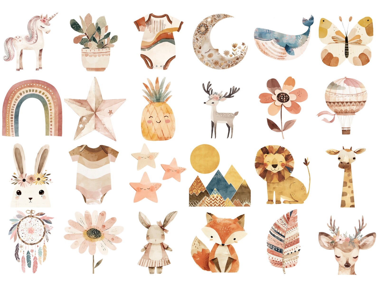 Boho Baby Clipart Bundle - Watercolour Nursery Animal Clip Art - Cute ...