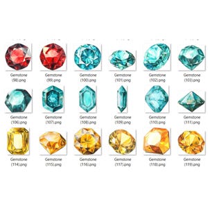 May include: A collection of 12 watercolor illustrations of gemstones in various shapes and colors, including red, blue, green, and yellow.