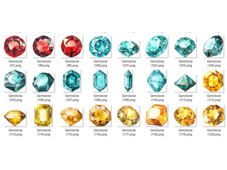 May include: A collection of 12 watercolor illustrations of gemstones in various shapes and colors, including red, blue, green, and yellow.