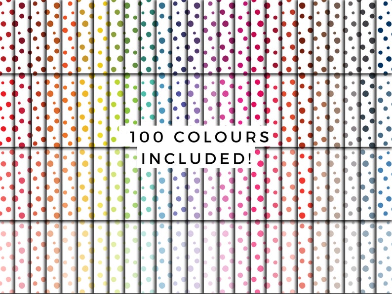 May include: A digital download of 100 polka dot patterns in various colors. Each pattern features white circles on a solid background color.