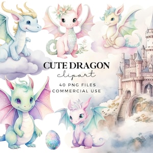 Niedliche Drachen Clipart - Aquarell Drachen Königreich Clip Art Bundle - Pastell Baby Drachen - PNG Dateien für kommerzielle Nutzung Baby Shower Nursery Art
