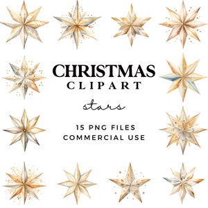 Imágenes prediseñadas de estrellas navideñas en dorado y blanco - Imágenes prediseñadas de estrellas de papel - Gráficos navideños de acuarela modernos - Descarga instantánea de archivos PNG de 300 DPI