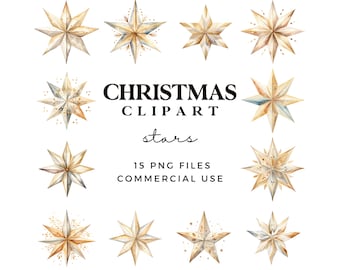Christmas Stars Clipart in Gold and White - Paper Stars Clip Art - Modern Watercolour Holiday Graphics - Instant Download 300DPI PNG Files
