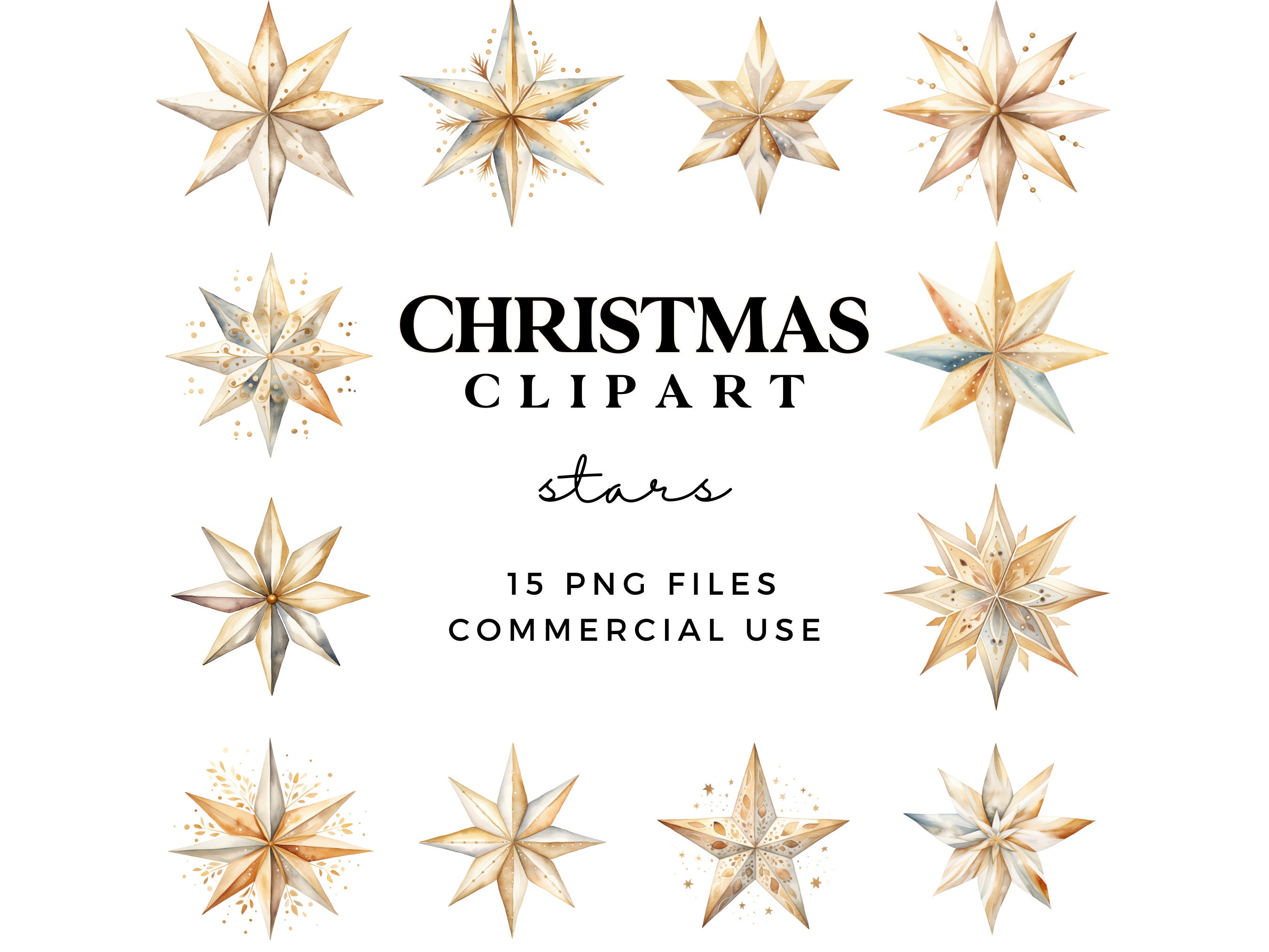 Christmas Stars Clipart in Gold and White - Paper Stars Clip Art - Modern Watercolour Holiday Graphics - Instant Download 300DPI PNG Files