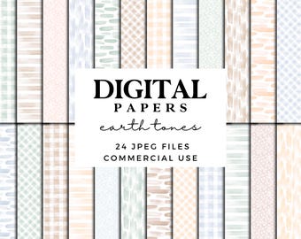 Carta digitale Earth Tones - Carta per scrapbooking stampabile Boho neutra - Strisce acquerellate, quadretti, pois e motivi a pennellate