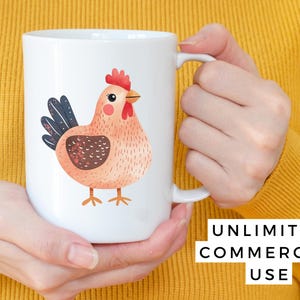 May include: White ceramic mug with a pink and brown cartoon chicken illustration. The mug has a handle and the text "UNLIMITED COMMERCIAL USE" is printed on the bottom.