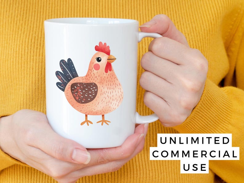 May include: White ceramic mug with a pink and brown cartoon chicken illustration. The mug has a handle and the text "UNLIMITED COMMERCIAL USE" is printed on the bottom.