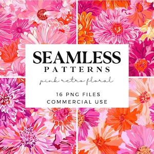 Op de afbeelding: Een set van 16 naadloze bloemenpatronen in roze, oranje en geel. De patronen zijn digitale downloads en zijn voor commercieel gebruik.  "SEAMLESS PATTERNS pink retro floral 16 PNG FILES COMMERCIAL USE"