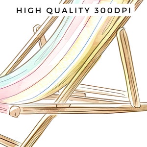 May include: A wooden beach chair with a striped fabric seat in shades of pink, blue, and yellow. The chair is folded and the fabric is draped over the frame.