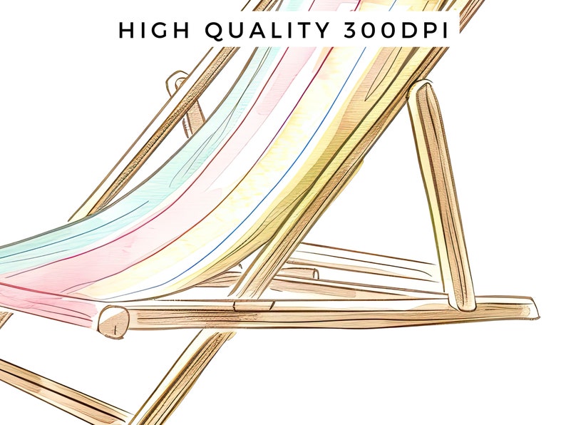 May include: A wooden beach chair with a striped fabric seat in shades of pink, blue, and yellow. The chair is folded and the fabric is draped over the frame.