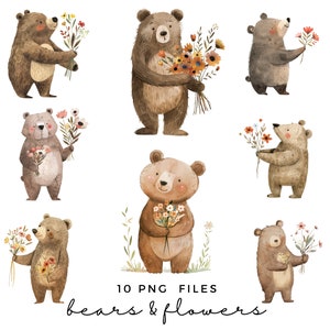 Lindo oso clipart PNG - Oso con flores clipart - Uso comercial - Lindo animal clipart - Estilo moderno minimalista - Arte de pared para guardería