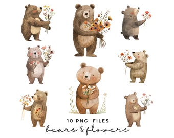 Schattige beer clipart PNG - beer met bloemen clipart - commercieel gebruik - schattige dieren clipart - minimalistische moderne stijl - kunst aan de muur kinderkamer