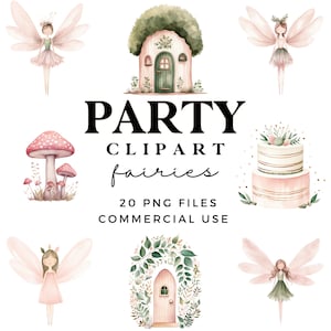 Op de afbeelding: Een set van 20 digitale clipart-afbeeldingen met fee&euml;n, paddenstoelen, een huis, een taart en groen. De afbeeldingen zijn in aquarelstijl en perfect voor feestdecoraties, uitnodigingen of scrapbooking.