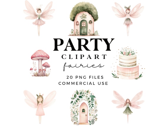 Birthday Fairies Clipart Set - Fairy Clip Art Bundle - Pink & Green Kids Party Invite Clipart including Cake, Bunting and Background Papers