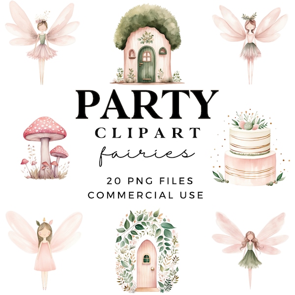 Ensemble de cliparts de fées d'anniversaire - Bundle de cliparts de fées - Clipart d'invitation de fête d'enfants roses et verts comprenant un gâteau, des banderoles et des papiers de fond