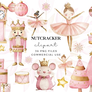 Nussknacker Clipart Bundle in Pink & Gold - Aquarell Weihnachten Clip Art für Karten - Kommerzielle Nutzung Ballerina Clipart Bundle - Ballett Tanz