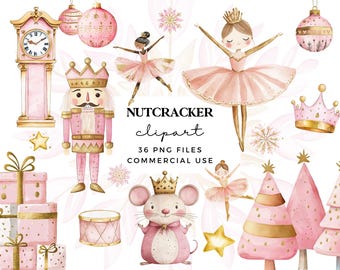 Nutcracker Clipart Bundle in Pink & Gold - Watercolor Christmas Clip Art for Cards - Commercial Use Ballerina Clipart Bundle - Ballet Dance