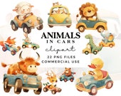 Animals in Cars Clipart - Cute Animals Clipart for Nursery Wall Art, Kids Party Invites, Baby Showers - Commercial Use - Watercolour