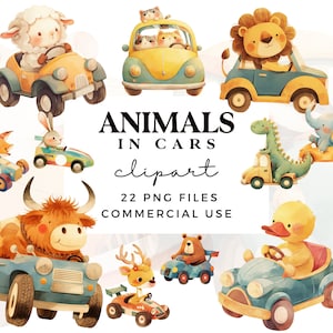 Imágenes prediseñadas de animales en coches - Imágenes prediseñadas de animales lindos para arte de pared de guardería, invitaciones a fiestas para niños, baby showers - Uso comercial - Acuarela