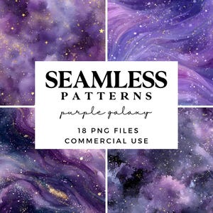 Purple Galaxy Seamless Patterns, Starry Sky Digital Paper, Printable Watercolor Space Backgrounds, Cosmic Texture, Night Sky Scrapbook Paper