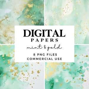 Set di carta digitale per acquerello verde menta e oro - Texture di sfondo astratte con oro - Licenza commerciale inclusa - Download istantaneo