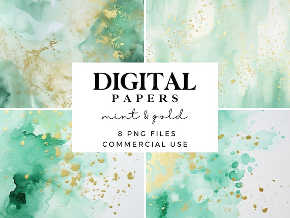 Mint Green and Gold Watercolour Digital Paper Set - Abstract Background Textures with Gold - Commercial License Included - Instant Download