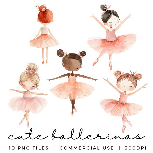 Ensemble de cliparts ballerine - clipart de danse de ballet pour art mural de chambre d'enfant, invitations à une fête d'enfants, baby showers - PNG transparents à usage commercial