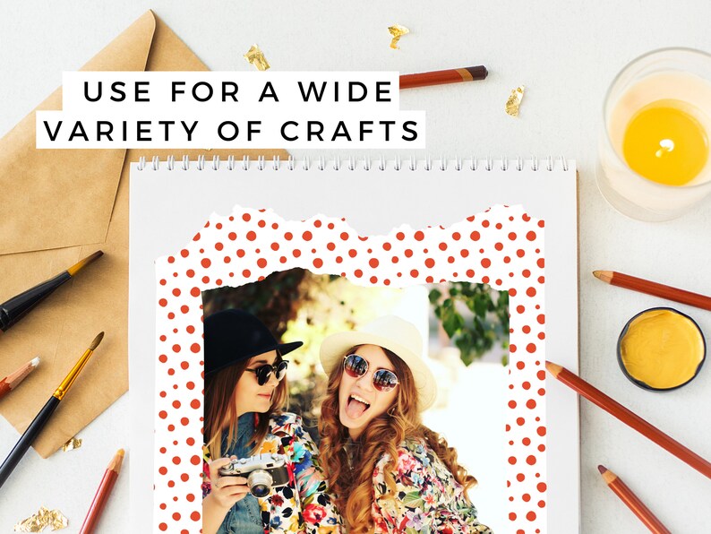 May include: Two friends are smiling and laughing in a photo with a red polka dot border. The text "USE FOR A WIDE VARIETY OF CRAFTS" is at the top of the image.