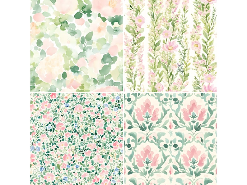 May include: Four different floral patterns featuring pink and green watercolor designs. The patterns are arranged in a grid.