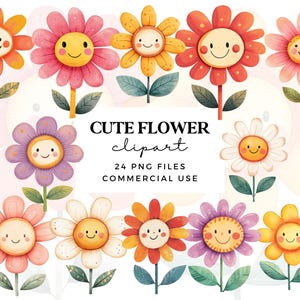 Clipart di fiori carini - Illustrazioni di clip art di margherite retrò - Personaggi floreali adorabili - Facce di fiori fantastici - Uso commerciale - Acquerello