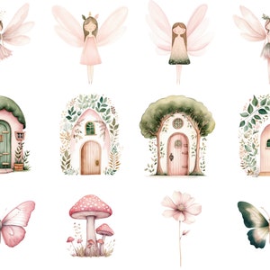 Op de afbeelding: Waterverf illustraties van fee&euml;n, huizen, vlinders, paddenstoelen en bloemen. De fee&euml;n hebben roze vleugels en jurken, de huizen zijn roze en wit met groene deuren, de vlinders zijn roze en groen, de paddenstoelen zijn roze en wit en de bloemen zijn roze.