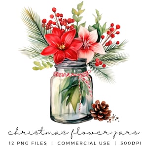 Clipart De Flores De Natal - Clipart De Frascos De Flores - Florais Festivos - Clipart De Flores Em Vaso - Casamento De Natal - Clipart Rústico PNG
