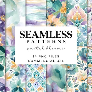 Motifs fleurs pastel sans soudure - Paquet de papier numérique aquarelle - Damas floral, rayures abstraites et fleurs picturales - Motifs répétitifs