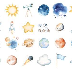 Puede incluir: Un conjunto de ilustraciones de acuarela con elementos de tem&aacute;tica espacial, que incluyen planetas, estrellas, cohetes, una nave espacial, un extraterrestre, un telescopio y una nube. Las ilustraciones est&aacute;n en una variedad de colores, incluyendo azul, verde, amarillo, naranja y rojo.