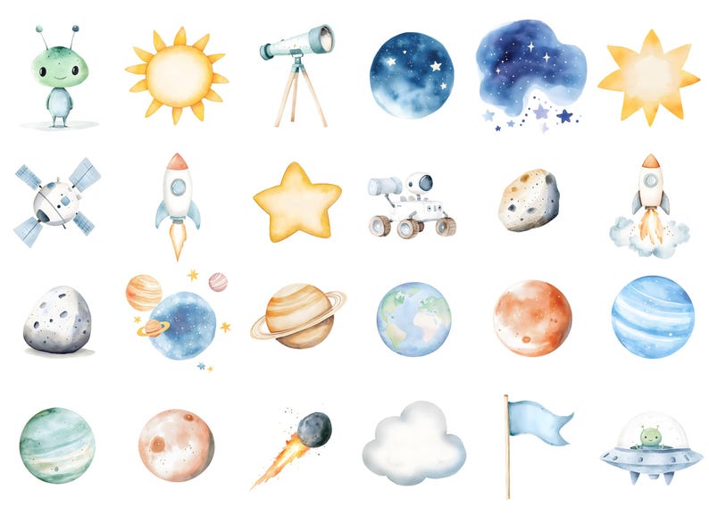 Puede incluir: Un conjunto de ilustraciones de acuarela con elementos de tem&aacute;tica espacial, que incluyen planetas, estrellas, cohetes, una nave espacial, un extraterrestre, un telescopio y una nube. Las ilustraciones est&aacute;n en una variedad de colores, incluyendo azul, verde, amarillo, naranja y rojo.