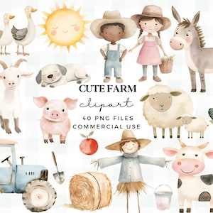 Conjunto de clipart de animais de fazenda em aquarela - Arte de aniversário e creche para crianças - Pacote de clipart de fazenda com padrões contínuos - Convite e decoração de festa