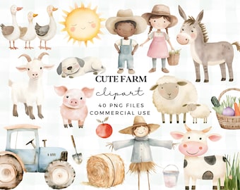 Conjunto de imágenes prediseñadas de animales de granja en acuarela: Arte infantil y patrones sin costuras (descarga digital)