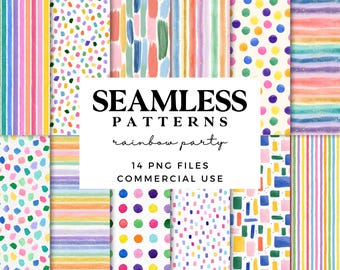 Rainbow Party Seamless Patterns - Fun Watercolour Digital Backgrounds - Colourful Striped Wrapping Paper - Confetti Glitter Scrapbook Paper