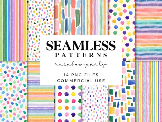 Rainbow Party Seamless Patterns - Fun Watercolour Digital Backgrounds - Colourful Striped Wrapping Paper - Confetti Glitter Scrapbook Paper
